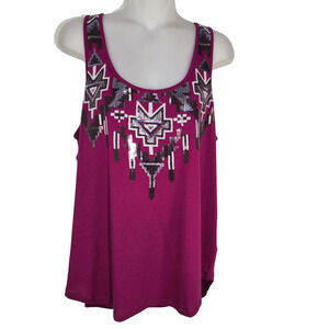 Express Womens Tank Top Large Pink Sequin Aztec Print Hi Lo Geometric Sleeveless